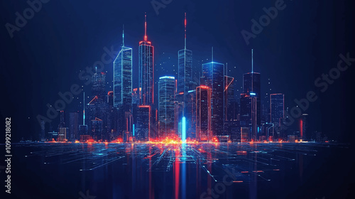 Smart city on a dark blue background, featuring intelligent infrastructure and connected buildings. This futuristic cityscape showcases IoT, 5G and AI integration network.