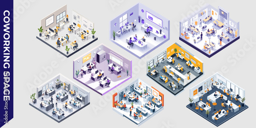 Isometric illustration of a modern coworking space with desks, computers, and people collaborating in a bright