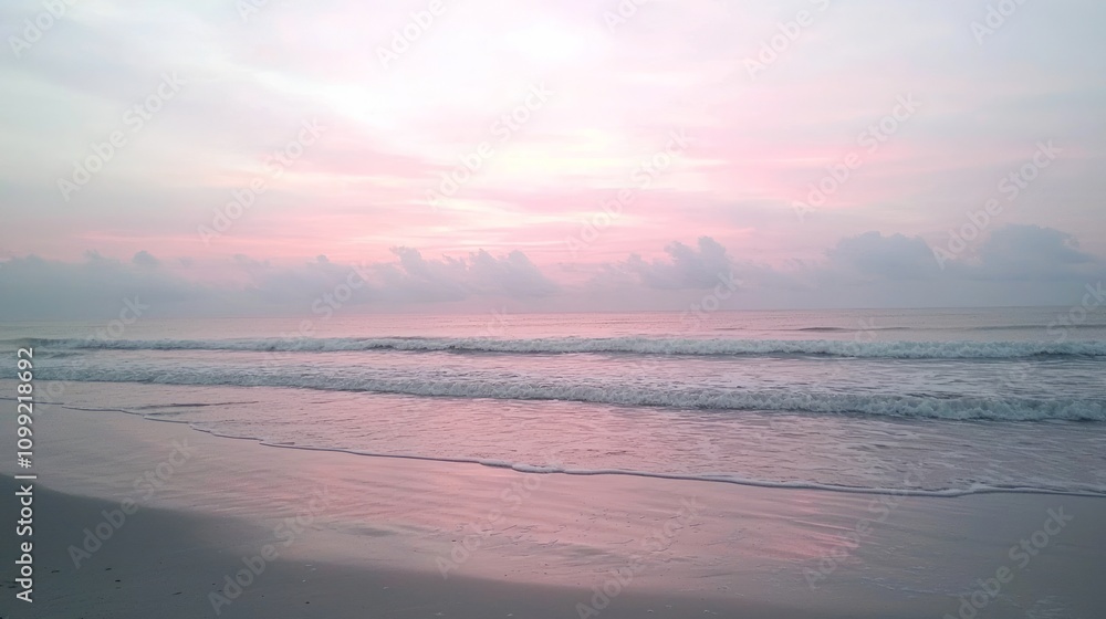 Fototapeta premium Serene Dawn Skyscape with Soft Pastel Colors and Gentle Waves | Tranquil Coastal Landscape for Relaxation and Renewal