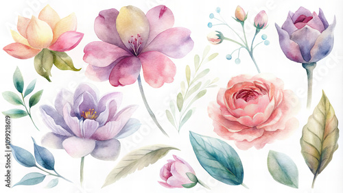 Watercolor Floral Set with Leaves and Blooms
