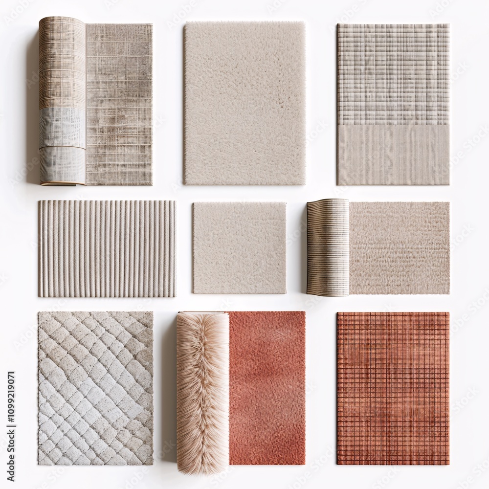 Fototapeta premium 2409_058.An assortment of whole, area rugs,isolate, perfect top-down view, showcasing diverse varieties, arranged with space around each area rugs, no sides visible, plan presentation,3d rendering