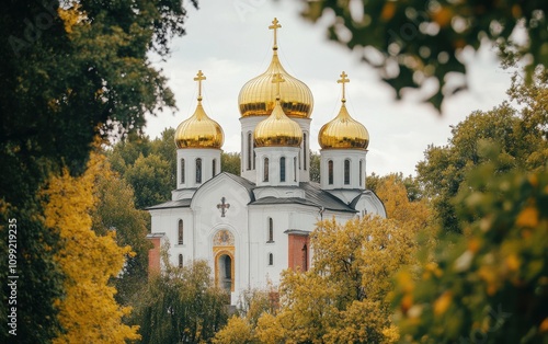 A magnificent view of the Cathedral in Veliky Novgorod, with its golden domes and crosses standing out against a soft white sky