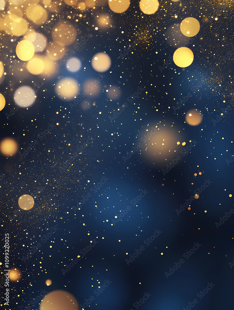Obraz premium Dark blue background with golden glittering particles and bokeh lights. Abstract illustration of the night sky with stars