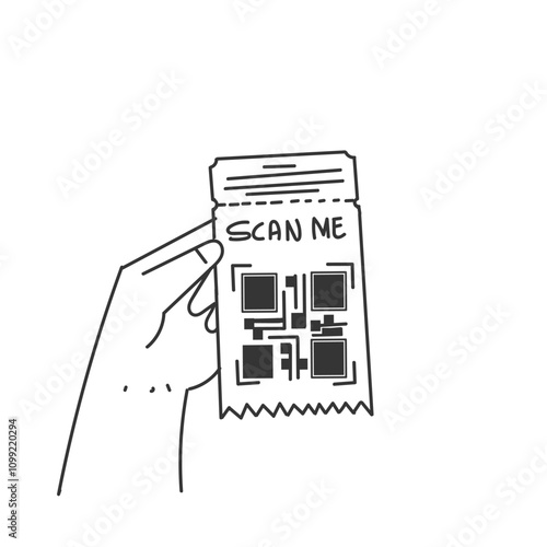 hand holding paper with qr code receipt in doodle hand drawing cartoon
