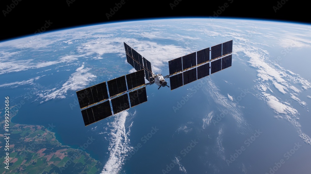 Fototapeta premium Satellite orbiting earth space image of technology outer space aerial view advancements in science