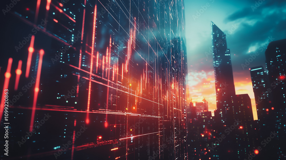 Obraz premium Smart digital Innovation city with connection network reciprocity over the sunset cityscape. of future wireless digital city and social media networking systems that connects people with in city