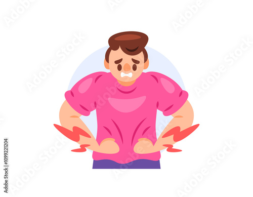 illustration of a man feeling pain in the stomach. symptoms of diarrhea, ulcers, stomach ache, digestive disorders. health problems. gesture and expression. flat style character design. elements