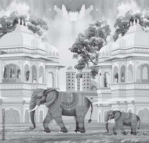Black and white mughal mural plant wallpaper Rajasthan, Traditional Mughal garden vector mural plant wallpaper Rajasthan
