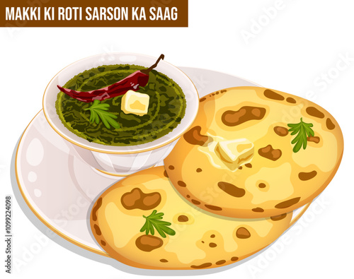 Makki Ki Roti & Sarson Ka Saag Served in Ceramic Plate and Bowl. Traditional Indian Desi Food Illustration 
