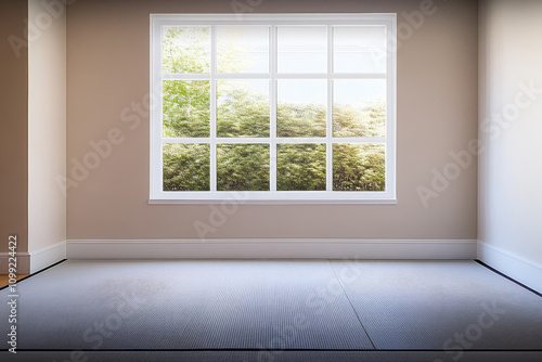 Bright and airy empty room with a view of greenery through a large window on a sunny day