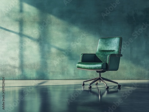 A green office chair placed on a shiny floor.