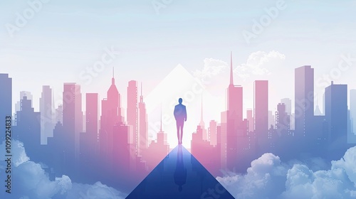 Businessman Standing Confidently on an Upward-Pointing Arrow with a City Skyline in the Background, Representing Growth and Success in a Clean, Flat Vector Illustration Style