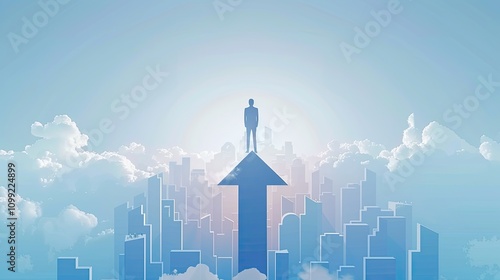 Businessman Standing Confidently on an Upward-Pointing Arrow with a City Skyline in the Background, Representing Growth and Success in a Clean, Flat Vector Illustration Style