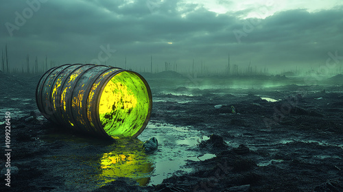 A toxic waste barrel leaking into a muddy lifeless lake photo