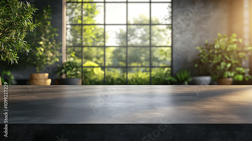 3D flat Kitchen counter top template for design studio empty wall and floor. Room with a podium for product presentation. Window light overlay and leaves blurred background.