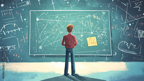 Young smart mathematician art drawing math formulas on the chalkboard and thinking he is solving problems and discovering new theories vector illustration.