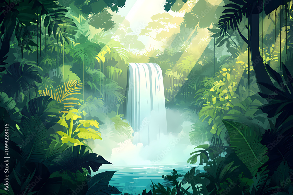 Obraz premium Lush Tropical Rainforest Scene with Waterfall and Dense Greenery