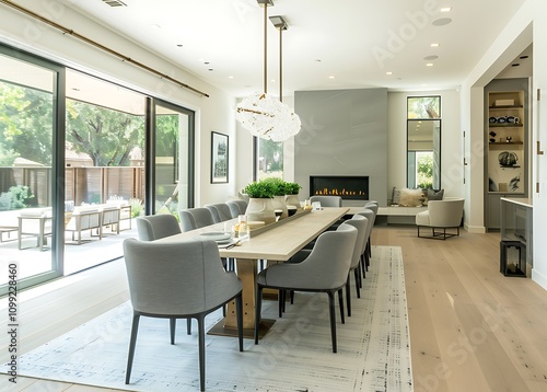 Elegant dining room featuring a built-in table, fireplace, and sliding glass doors, set in a contemporary Westside Veilwood home photo