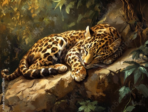  A resting leopard in savannah.