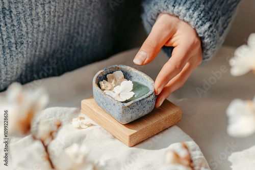 A still life featuring a wooden yoga block, a hand-painted ceramic bowl, and a jade crystal, arranged with flower petals.