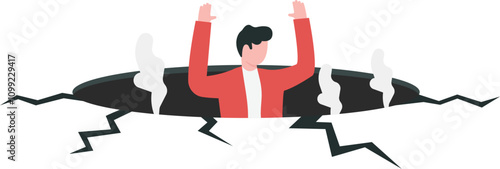 Work inefficiency, laziness employee in organization, procrastination, postpone tasks to do later, taking a nap during working hours concept, Businessman sleeping on office chair falling into hole.
