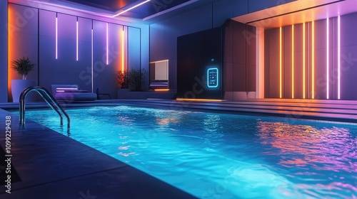 A futuristic smart home pool area with automated cleaning systems, AI-powered temperature control, and smart lights integrated into the pool walls .