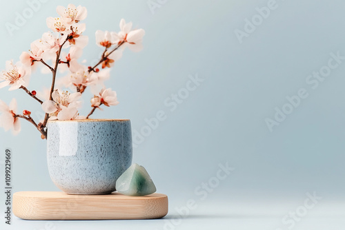 Still life with wooden yoga blocks, hand-painted ceramic bowls, jade crystals and beautiful flowers.