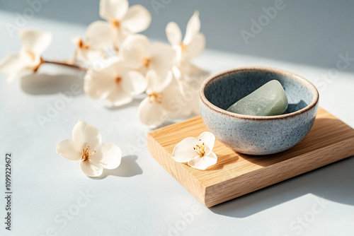 Still life with wooden yoga blocks, hand-painted ceramic bowls, jade crystals and beautiful flowers.