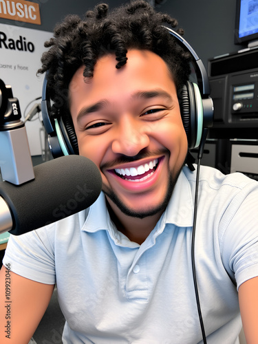 A cheerful radio broadcaster with curly hair smiles while wearing headphones, embodying joy and a love for music.