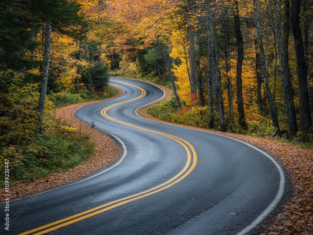 Naklejka premium A winding road curves through the forest land. 