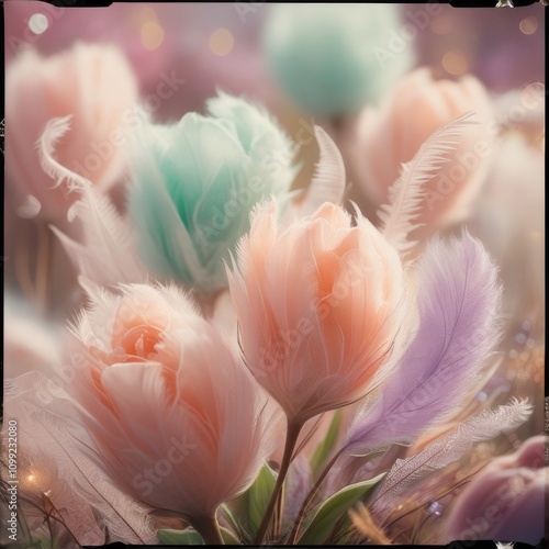 Pastel colored feather flowers background. feather pattern texture backdrop, pastel soft fur