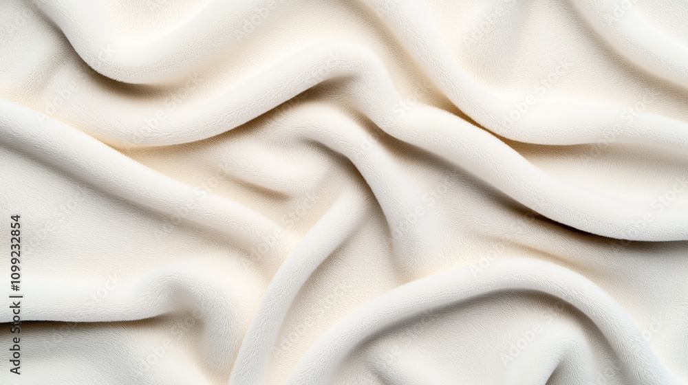 Fototapeta premium Soft cream-colored fabric with a textured and plush surface, featuring natural folds and waves creating a cozy and inviting appearance.