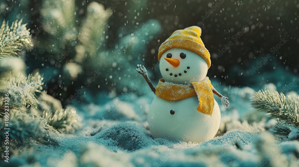 Obraz premium Christmas snowman on green background. cute snowman in christmas snowy nature 