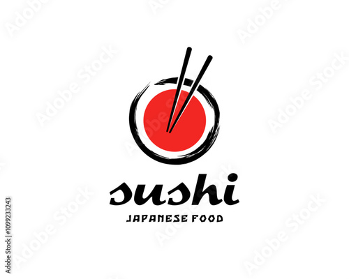 Sushi Sashimi Food Traditional Japanese Restaurant Zen Circle Brush Stroke Vector Logo Design Illustration