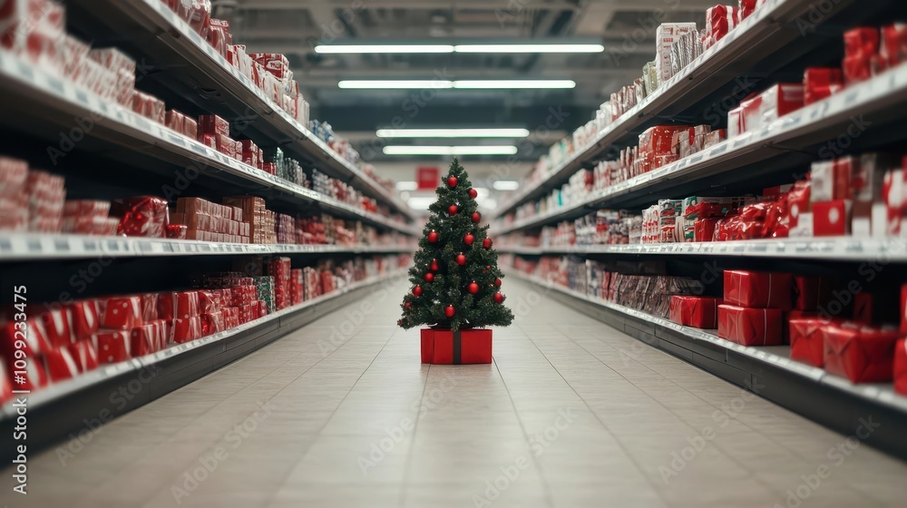 Obraz premium Christmas sale aisle in a department store, exclusive deals on holidaythemed items