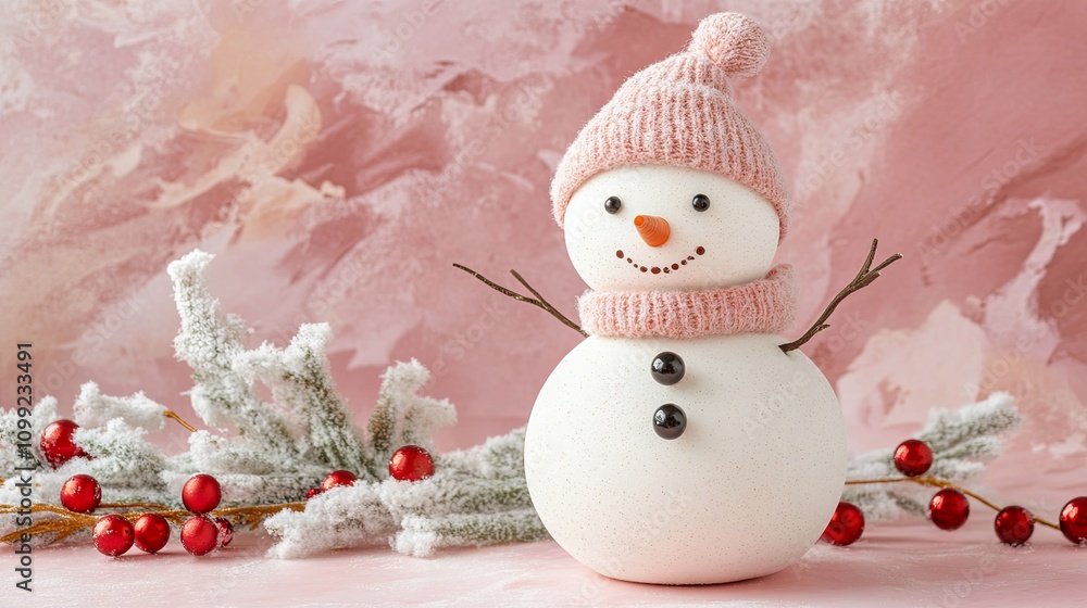Obraz premium Christmas snowman on pink background. cute snowman in christmas snowy nature