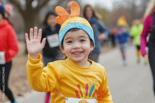 A child running in the Turkey Trot, wearing a turkey costume and waving to the crowd photo