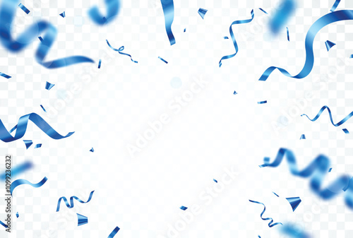 Blue confetti and ribbon, isolated on transparent background