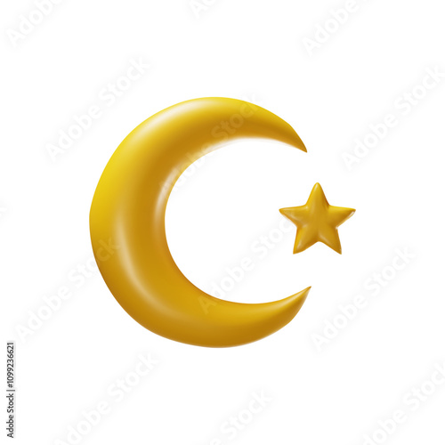 Vector 3d illustration depicting traditional Arabic symbol of crescent moon with star.