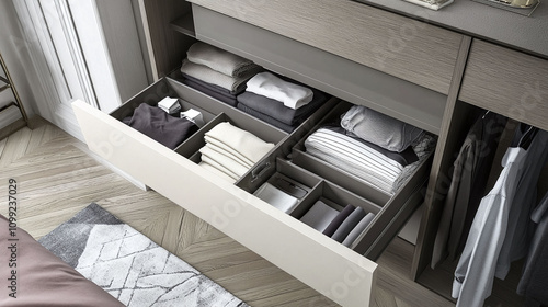 A bedroom dresser with dividers for neatly folded clothes. photo