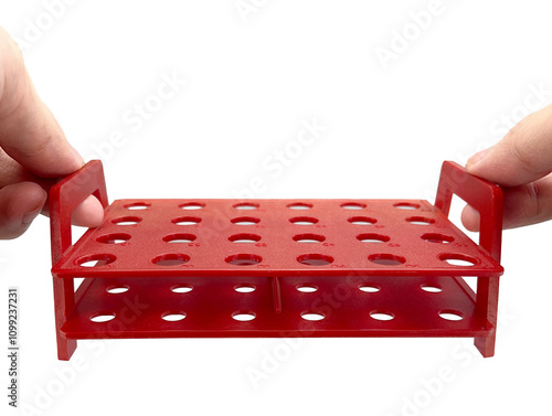 Durable red microtube rack with a 24-well design, ideal for securely holding and organizing microcentrifuge tubes during laboratory procedures. Features ergonomic handles for easy handling. photo