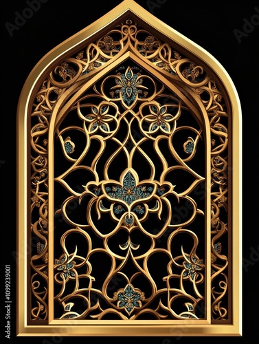 Islam window with pattern vector illustration isolated on black background. Oriental ornament, traditional Arabian design elements of decor, muslim gold frame. 
