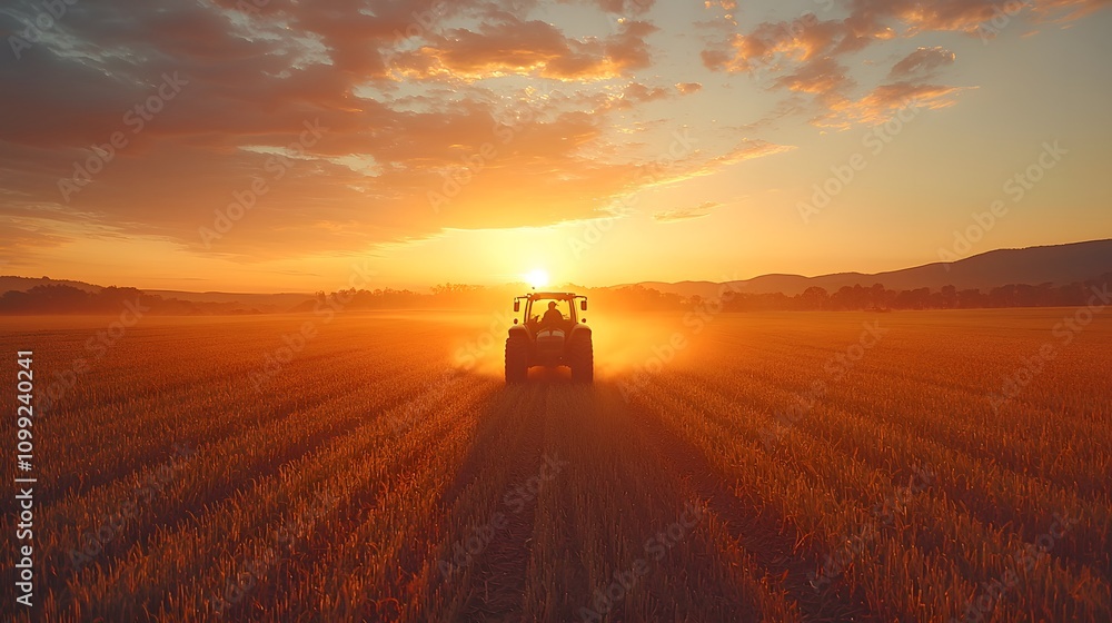 Fototapeta premium Tractor in action at sunset agriculture farm in the countryside scenic landscape warm environment nature concept