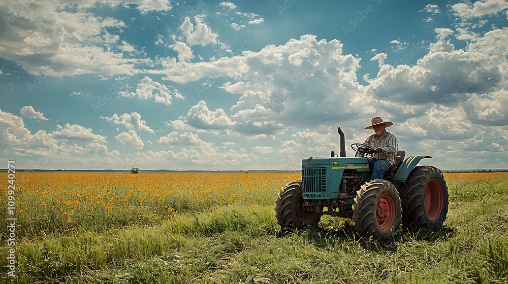 Fototapeta premium Tractor in action farming the countryside agricultural landscape vibrant fields scenic viewpoint rural life concept