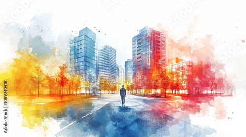 Urban project planning. Green sustainable design, creating eco friendly, energy efficiency, and blueprints sources for a urban environment watercolor and grid line vector illustration concept.