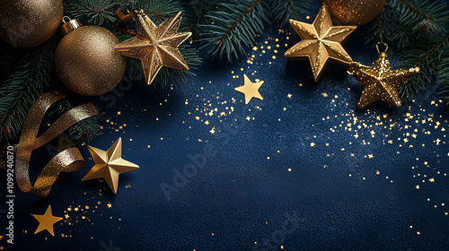 Christmas frame top border made of fir tree branches, golden decorative stars, balls over blue background. Flat lay, top view. Xmas banner mockup with copy space 