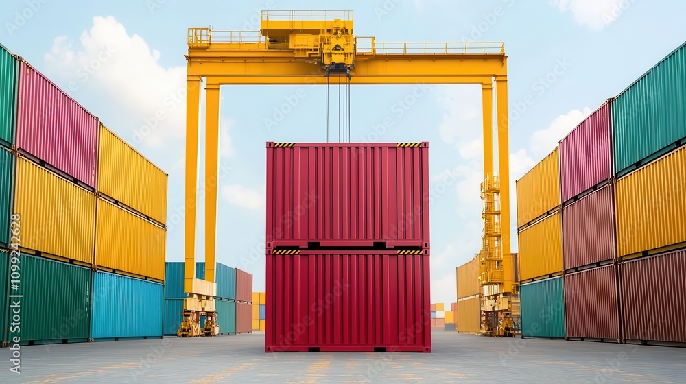 Fototapeta premium Cargo containers being moved by cranes at a large shipping dock, Shipping Dock, Cargo Containers, Industrial Transportation
