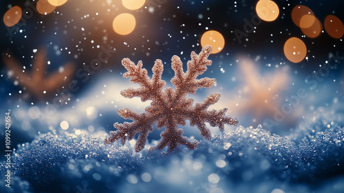 Christmas background with golden star in a snowy winter landscpe with blurred festive bokeh lights photo