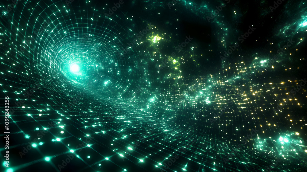 Obraz premium Vibrant Digital Cosmic Space with Twinkling Stars and Light Effects in a Hyperspace Tunnel Visual Representation of Outer Galaxies