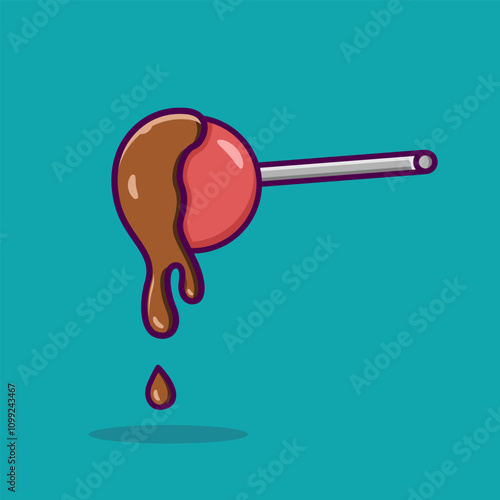 Strawberry flavored lollipop with melted chocolate topping designed in flat cartoon style. Lollipop illustration vector icon. 